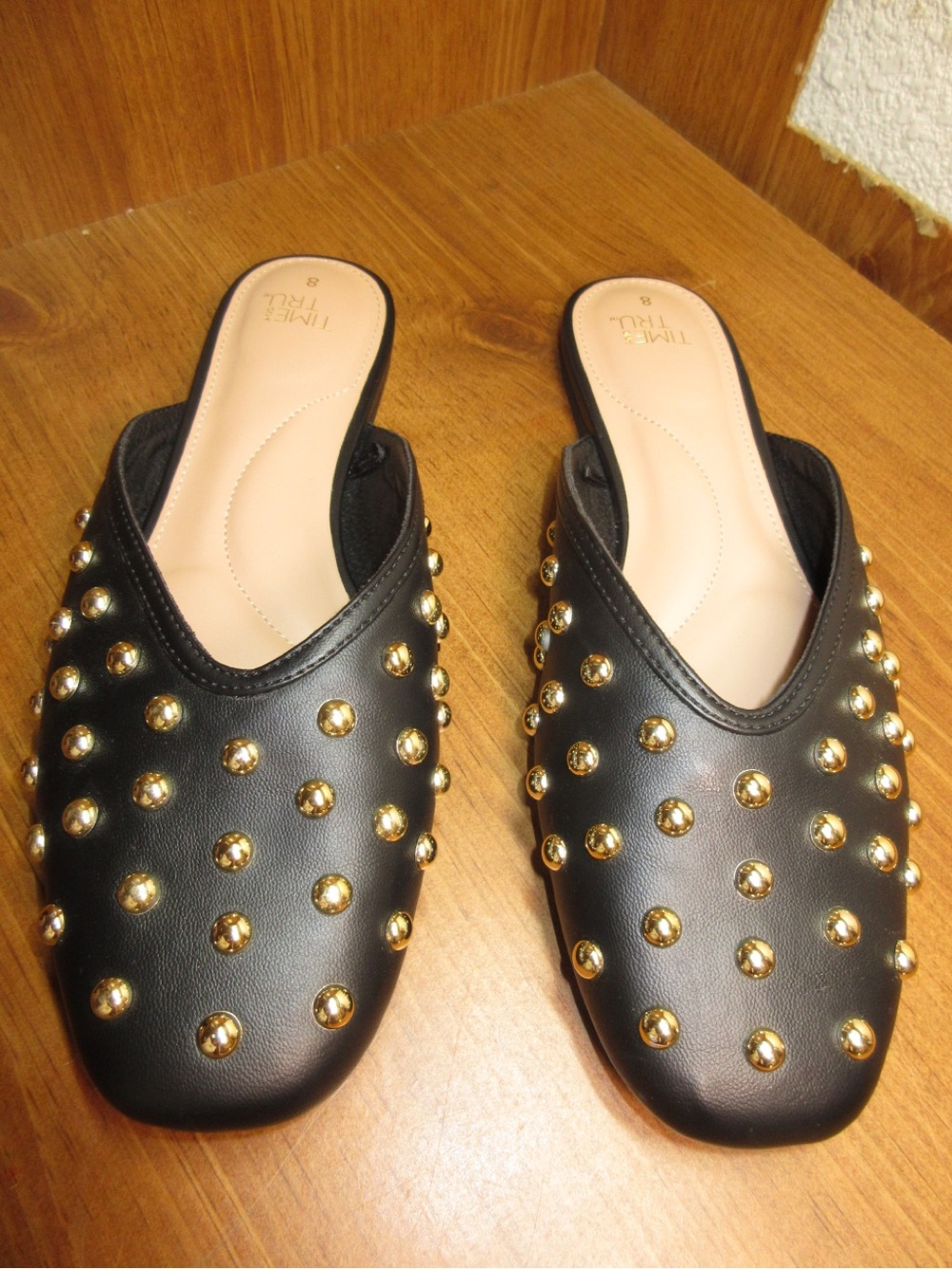 Time and Tru Black Mules with Gold Stud Accents